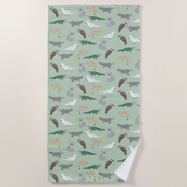 Australian Native Animals Eucalyptus Green Pattern Beach Towel (Front)