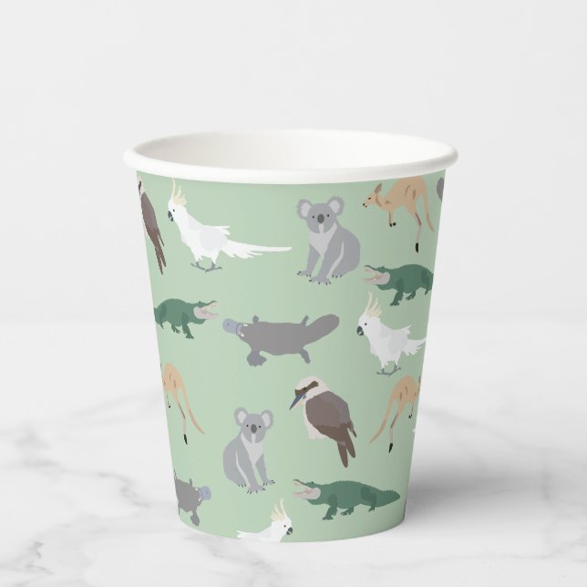Australian Native Animals Eucalyptus Green Pattern Paper Cups (Front)