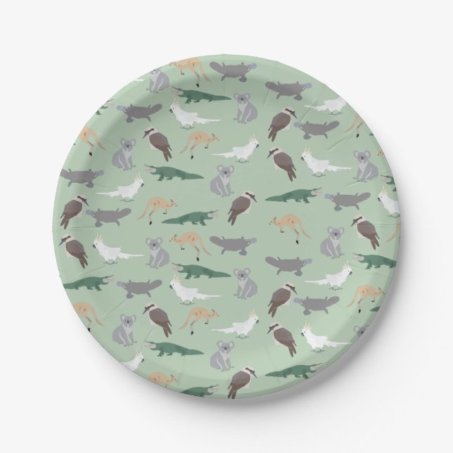 Australian Native Animals Eucalyptus Green Pattern Paper Plate (Front)