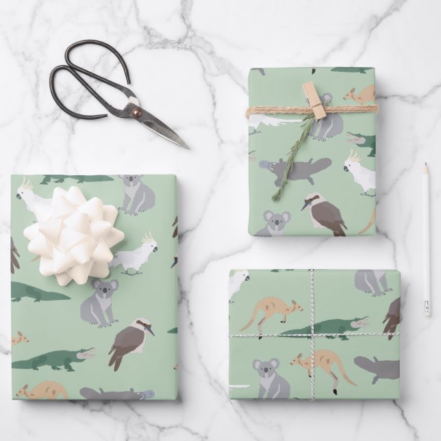 Australian Native Animals Eucalyptus Green Pattern Wrapping Paper Sheet (Front)