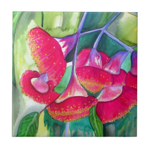 Australian red flowering gumnuts watercolor art tile