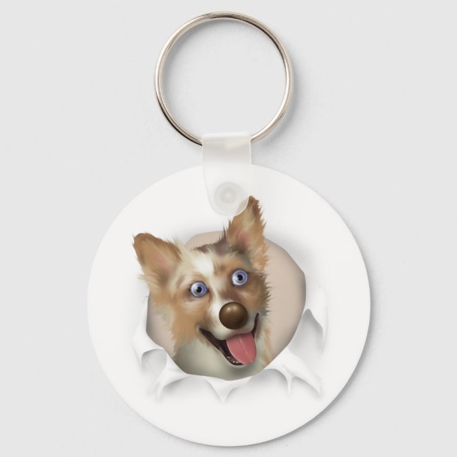 Australian Red Merle Shepherd Busting Out Key Ring (Front)
