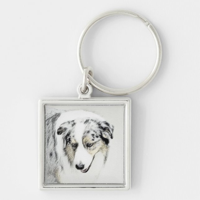 Australian Shepherd 2 Painting - Original Dog Art Key Ring (Front)