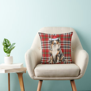 Australian Shepherd and Red Plaid Christmas Dog Cushion