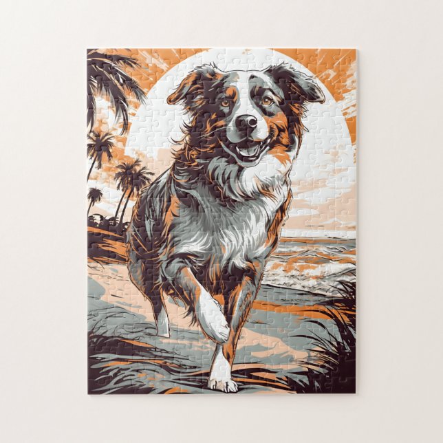 Australian Shepherd at a tropical beach Jigsaw Puzzle (Vertical)
