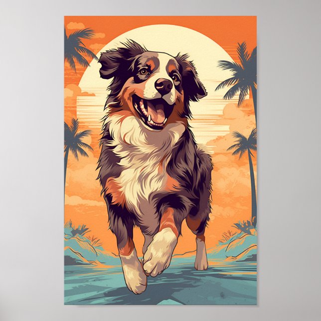 Australian Shepherd at a tropical beach Poster (Front)