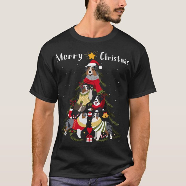 Australian Shepherd Aussie Christmas Tree Xmas Dog T-Shirt (Front)