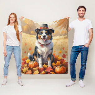 Australian Shepherd Autumn Leaves Thanksgiving Art Fleece Blanket