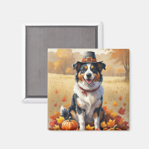 Australian Shepherd Autumn Leaves Thanksgiving Art Magnet