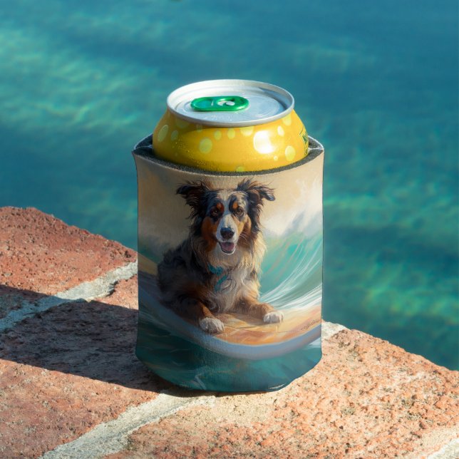 Australian Shepherd Beach Surfing Painting Can Cooler (In Situ Pool)