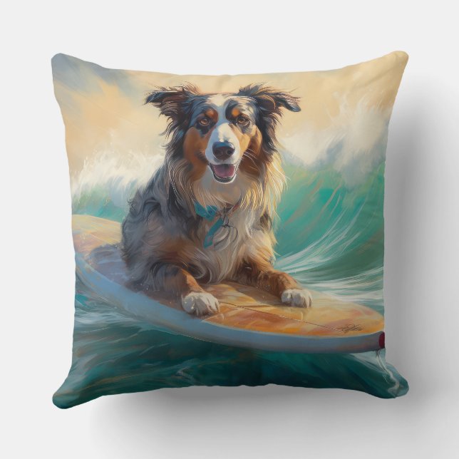 Australian Shepherd Beach Surfing Painting Cushion (Back)