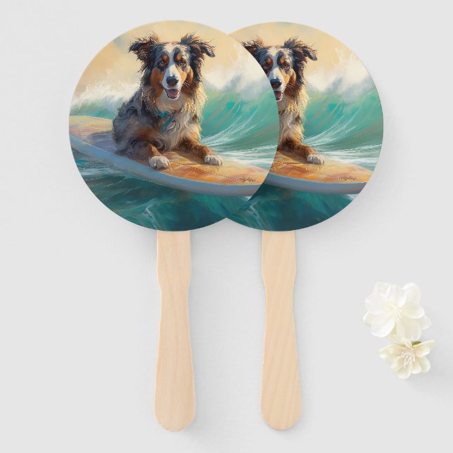 Australian Shepherd Beach Surfing Painting Hand Fan (Front and Back)