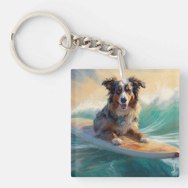 Australian Shepherd Beach Surfing Painting Key Ring (Front)