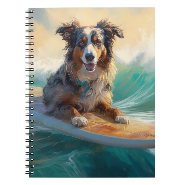 Australian Shepherd Beach Surfing Painting Notebook (Front)