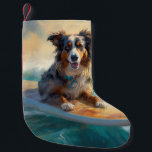 Australian Shepherd Beach Surfing Painting Small Christmas Stocking<br><div class="desc">Immerse yourself in the playful world of canine adventure with this captivating painting. A spirited dog takes to the waves, skilfully riding the surf on a sun-kissed beach. The vibrant artwork beautifully captures the essence of beachside excitement as the dog fearlessly rides the waves, embodying the spirit of fun and...</div>