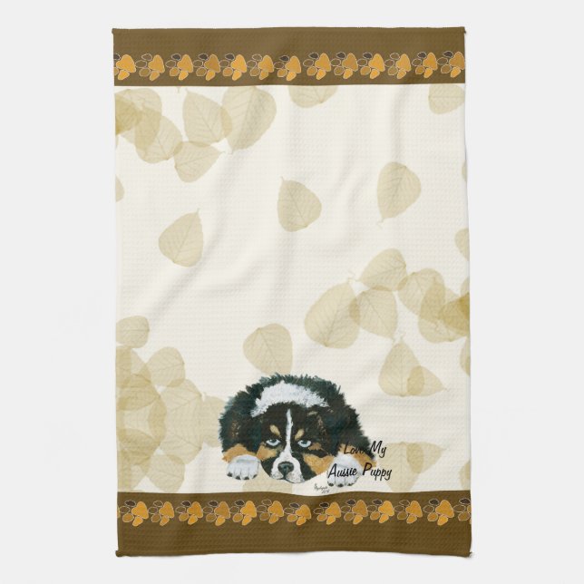 Australian Shepherd Black Tri Puppy ~Tan Leaves Tea Towel (Vertical)