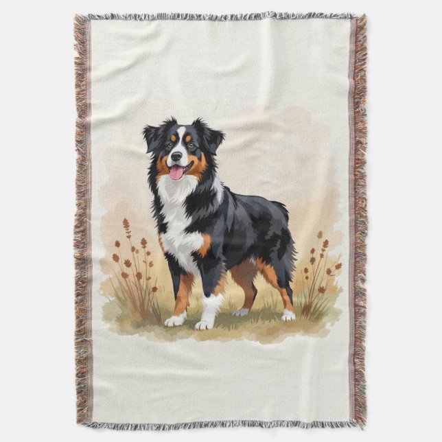 Australian Shepherd Black Tricolor Aussie Dog Throw Blanket (Front Vertical)
