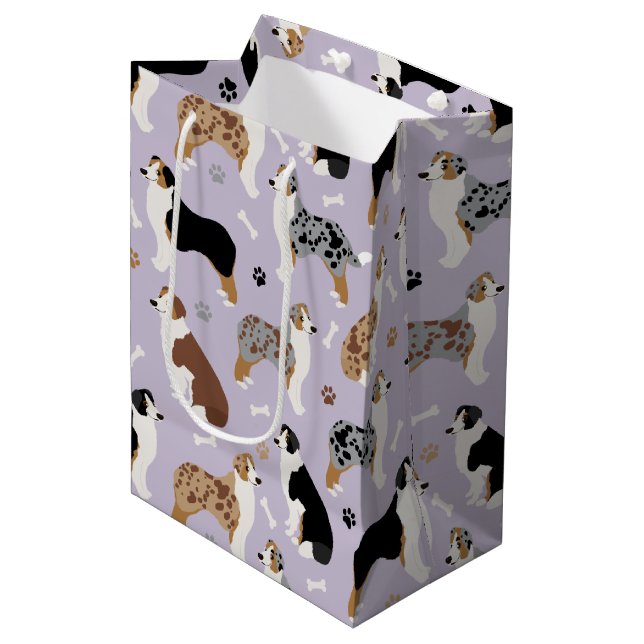 Australian Shepherd Bones and Paws Medium Gift Bag (Front Angled)