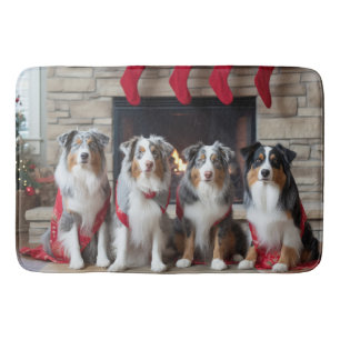 Australian Shepherd by the Fireplace Christmas Bath Mat