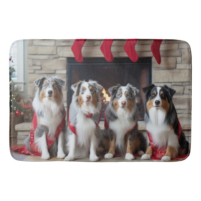 Australian Shepherd by the Fireplace Christmas Bath Mat (Front)