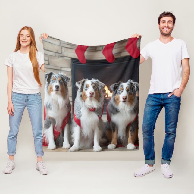Australian Shepherd by the Fireplace Christmas Fleece Blanket (In Situ)