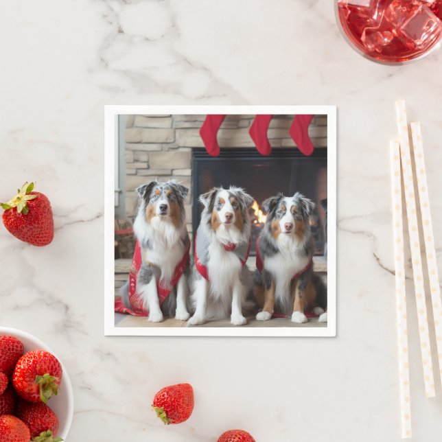 Australian Shepherd by the Fireplace Christmas Napkin (Insitu)
