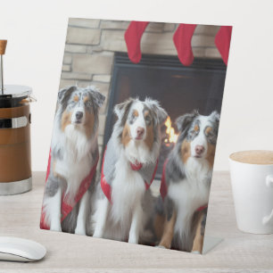 Australian Shepherd by the Fireplace Christmas Pedestal Sign