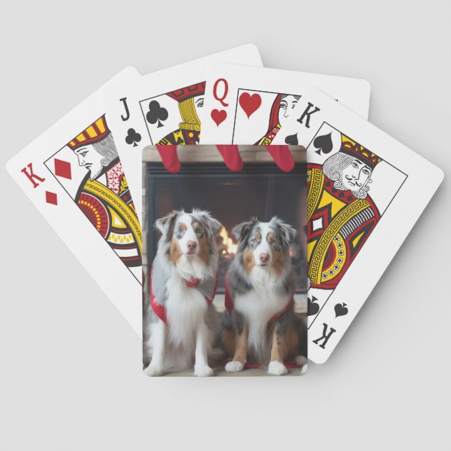 Australian Shepherd by the Fireplace Christmas Playing Cards (Back)