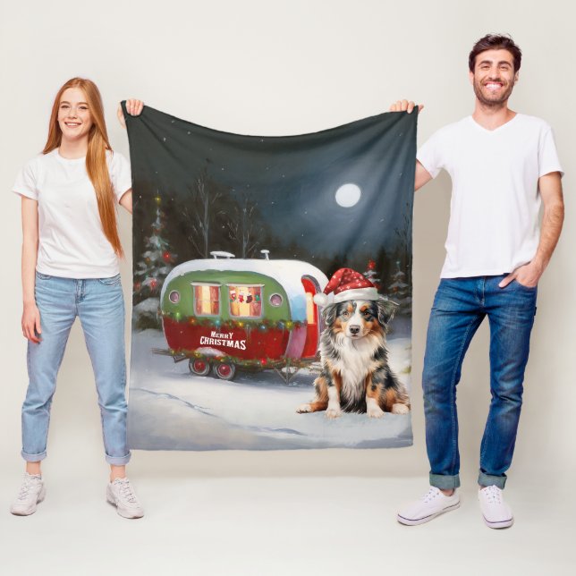 Australian Shepherd Caravan Christmas Adventure Fleece Blanket (In Situ)