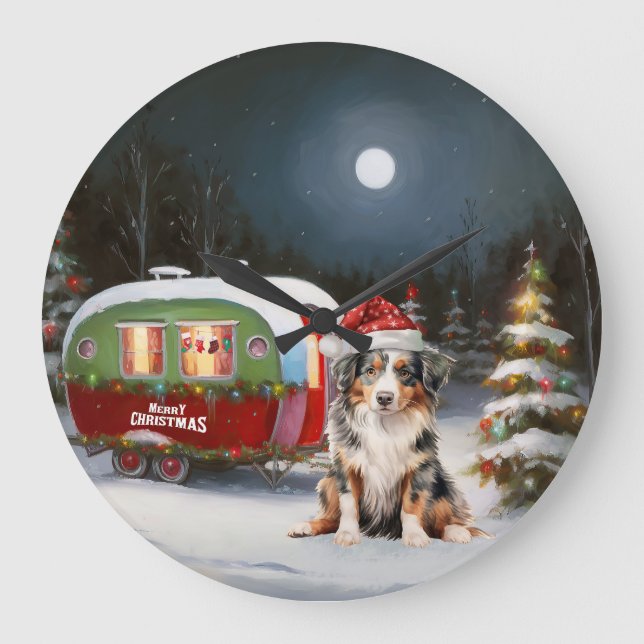Australian Shepherd Caravan Christmas Adventure Large Clock (Front)