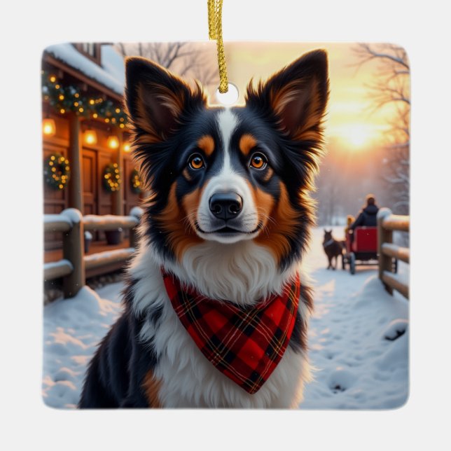 Australian Shepherd Christmas Art Ceramic Ornament (Front)