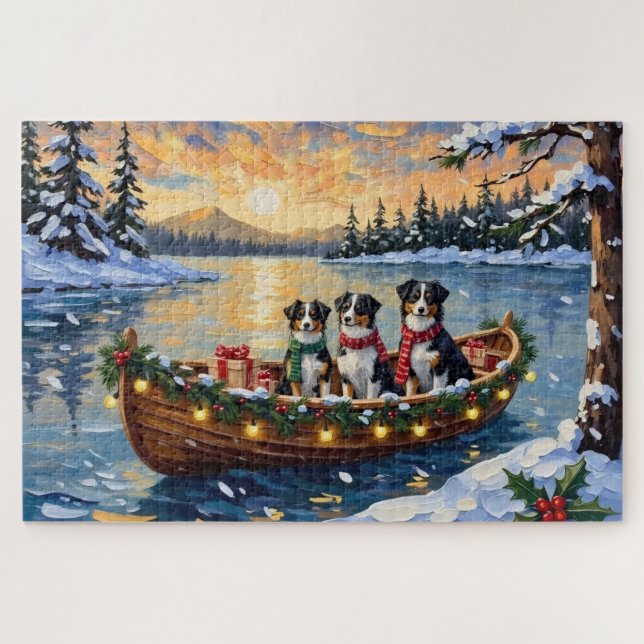 Australian Shepherd Christmas Boat Holiday Jigsaw Puzzle (Horizontal)