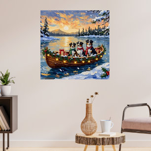 Australian Shepherd Christmas Boat Holiday Poster