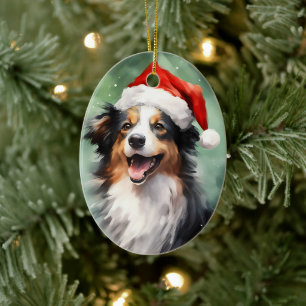 Australian Shepherd Christmas brush painting Ceramic Tree Decoration