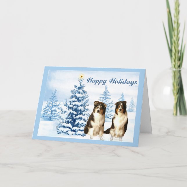 Australian Shepherd Christmas Card Blue Tree (Front)