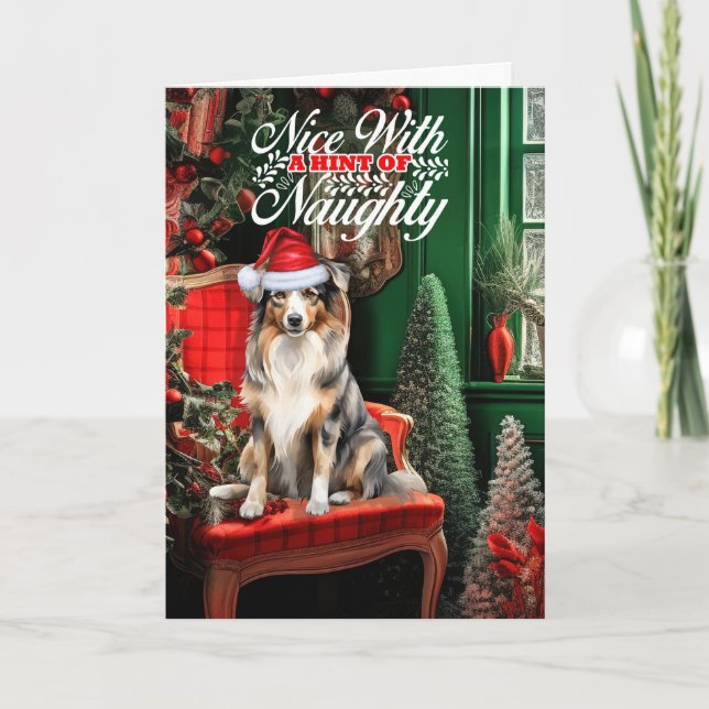 Australian Shepherd Christmas Dog Naughty or Nice Holiday Card (Front)