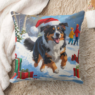 Australian Shepherd Christmas Festive Snow Scene Cushion