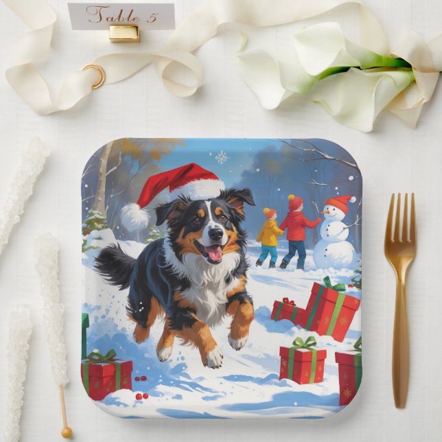 Australian Shepherd Christmas Festive Snow Scene Paper Plate (Wedding)