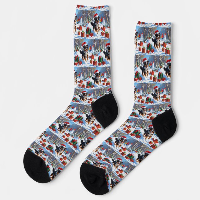 Australian Shepherd Christmas Festive Snow Scene Socks (Left)