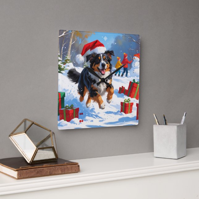 Australian Shepherd Christmas Festive Snow Scene Square Wall Clock (Office)