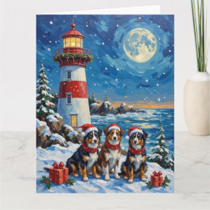 Australian Shepherd Christmas Lighthouse Holiday Card