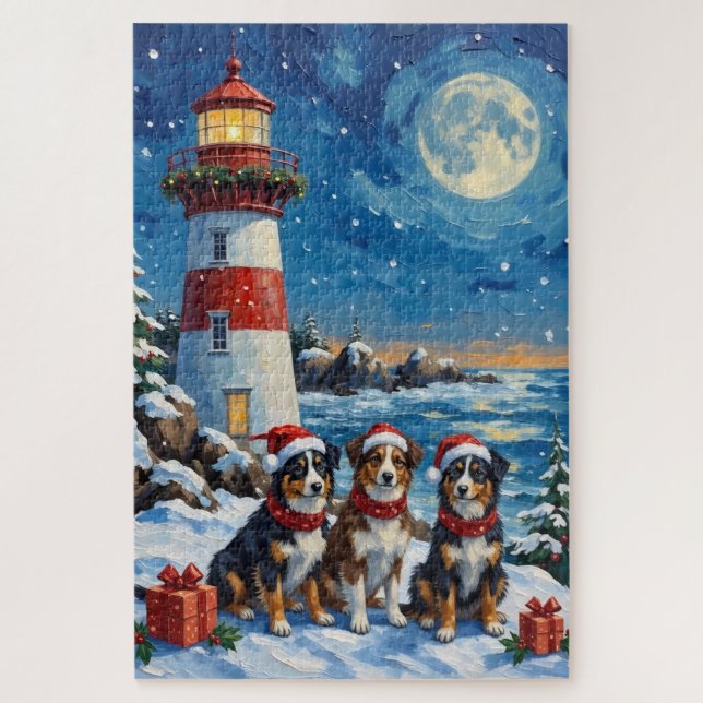 Australian Shepherd Christmas Lighthouse Holiday Jigsaw Puzzle (Vertical)
