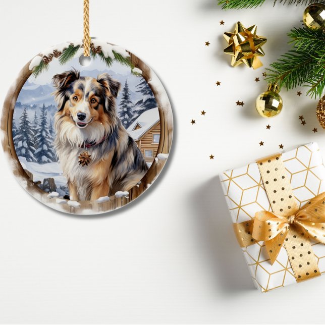 Australian Shepherd Christmas Ornament Winter Dog  (Cute Winter Christmas Australian Shepherd Ceramic Ornament )