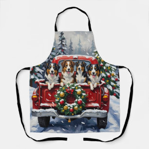 Australian Shepherd Christmas Red Truck Holiday Apron
