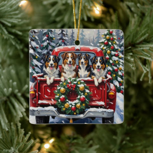 Australian Shepherd Christmas Red Truck Holiday Ceramic Ornament