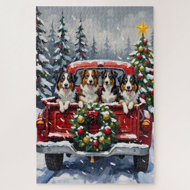 Australian Shepherd Christmas Red Truck Holiday Jigsaw Puzzle (Vertical)