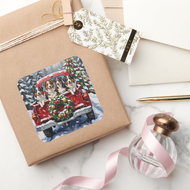 Australian Shepherd Christmas Red Truck Holiday Square Sticker (Gifting)