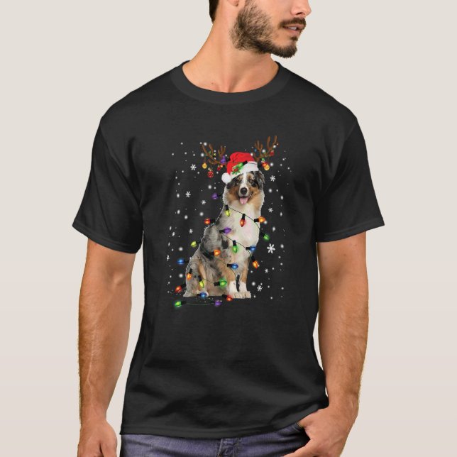 Australian Shepherd Christmas Reindeer Santa Hat P T-Shirt (Front)