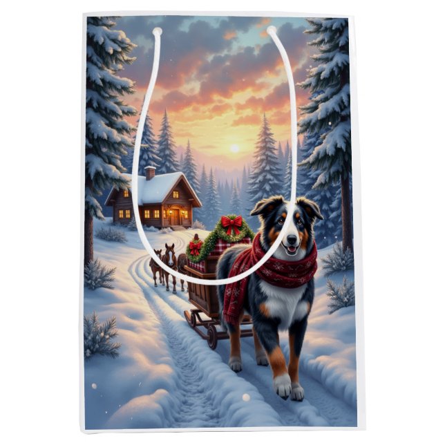 Australian Shepherd Christmas Sleigh Ride Art Medium Gift Bag (Front)