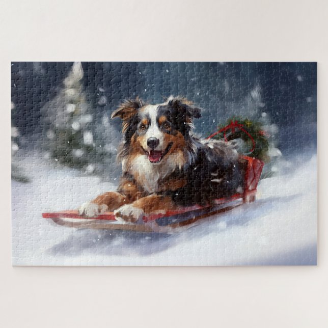 Australian Shepherd Christmas snow winter Jigsaw Puzzle (Horizontal)